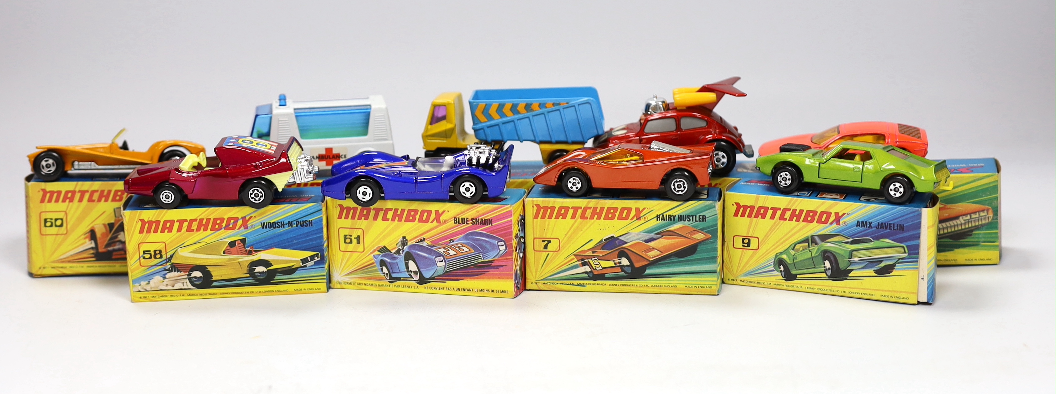 Eleven boxed Matchbox Superfast 1-75 series diecast vehicles